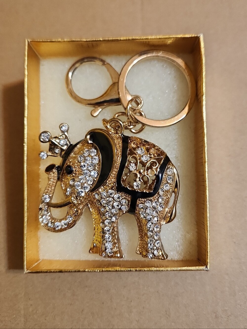 Gold Crystal Elephant Keychain with Black Enamel Accents